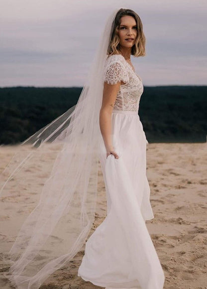 Boho See Through Lace V-Neck A-line Chiffon Wedding Dresses