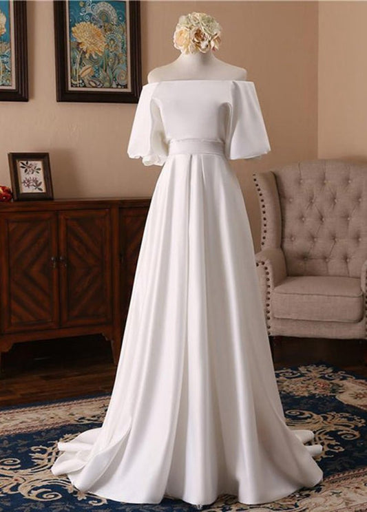 Off-the-Shoulder Simple Satin Wedding Dresses with Half Sleeves