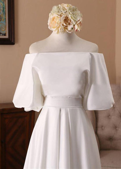 Off-the-Shoulder Simple Satin Wedding Dresses with Half Sleeves
