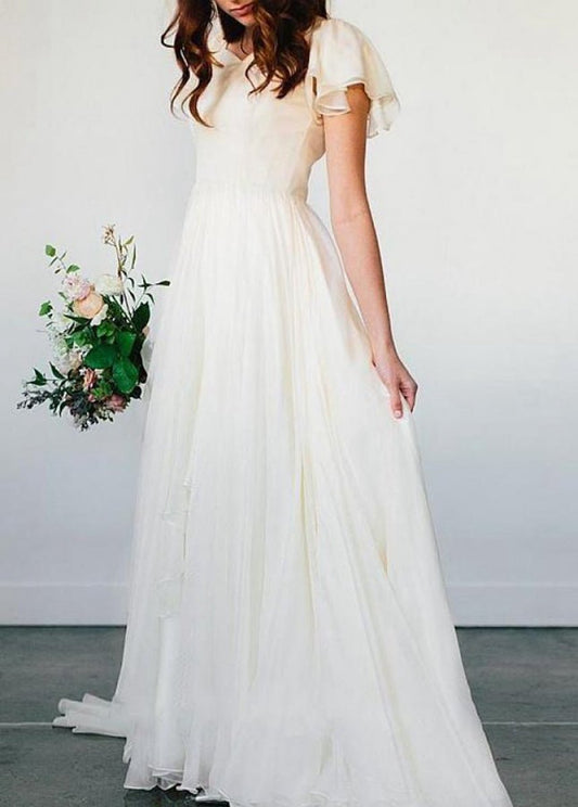 Beach Chiffon A-line Simple Wedding Dresses with Short Sleeves