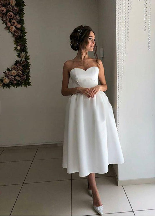 Short Satin Sweetheart Tea-length Bridal Dresses for Casual Wedding