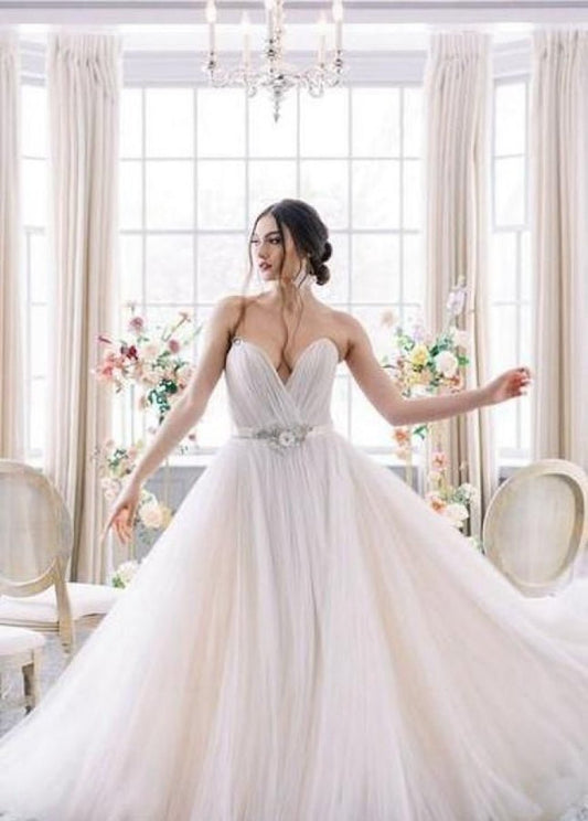Sweetheart Backless Tulle Wedding Dresses with Flower Beaded Belt