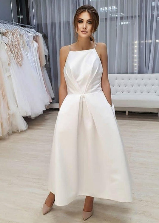 Simple Open Back Tea Length A-line Sleeveless Spaghetti-Straps Wedding Dresses with Pockets