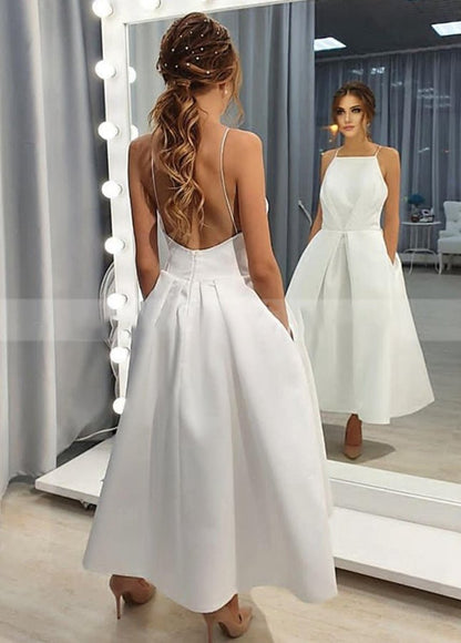 Simple Open Back Tea Length A-line Sleeveless Spaghetti-Straps Wedding Dresses with Pockets