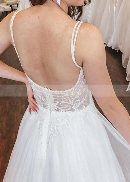 A-line Open Back Spaghetti Straps Sleeveless Lace Tulle Wedding Dresses