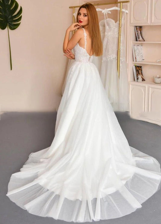 A-line Spaghetti Straps Sleeveless Appliques Tulle Pearls Wedding Bridal Dresses