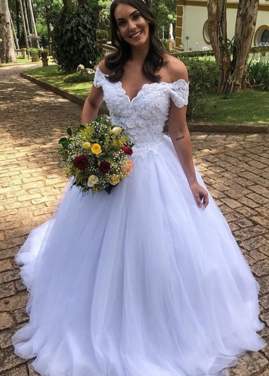 Off-the-shoulder Lace Appliques A-line Tulle Bridal Wedding Gown