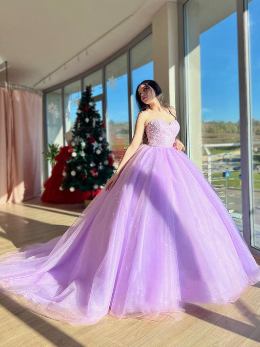 Tulle Ball Gown Beaded Long Prom Quinceanera Dresses