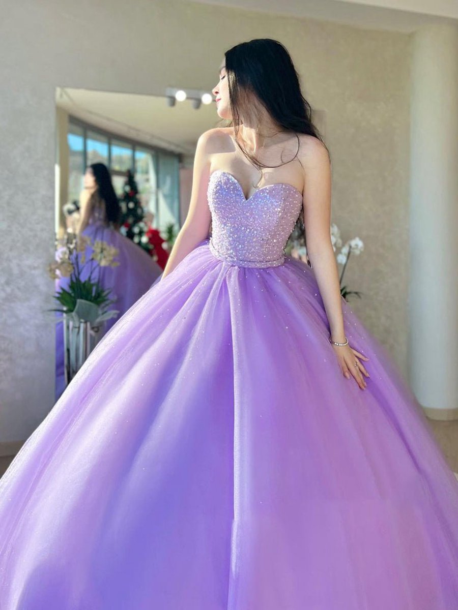 Tulle Ball Gown Beaded Long Prom Quinceanera Dresses