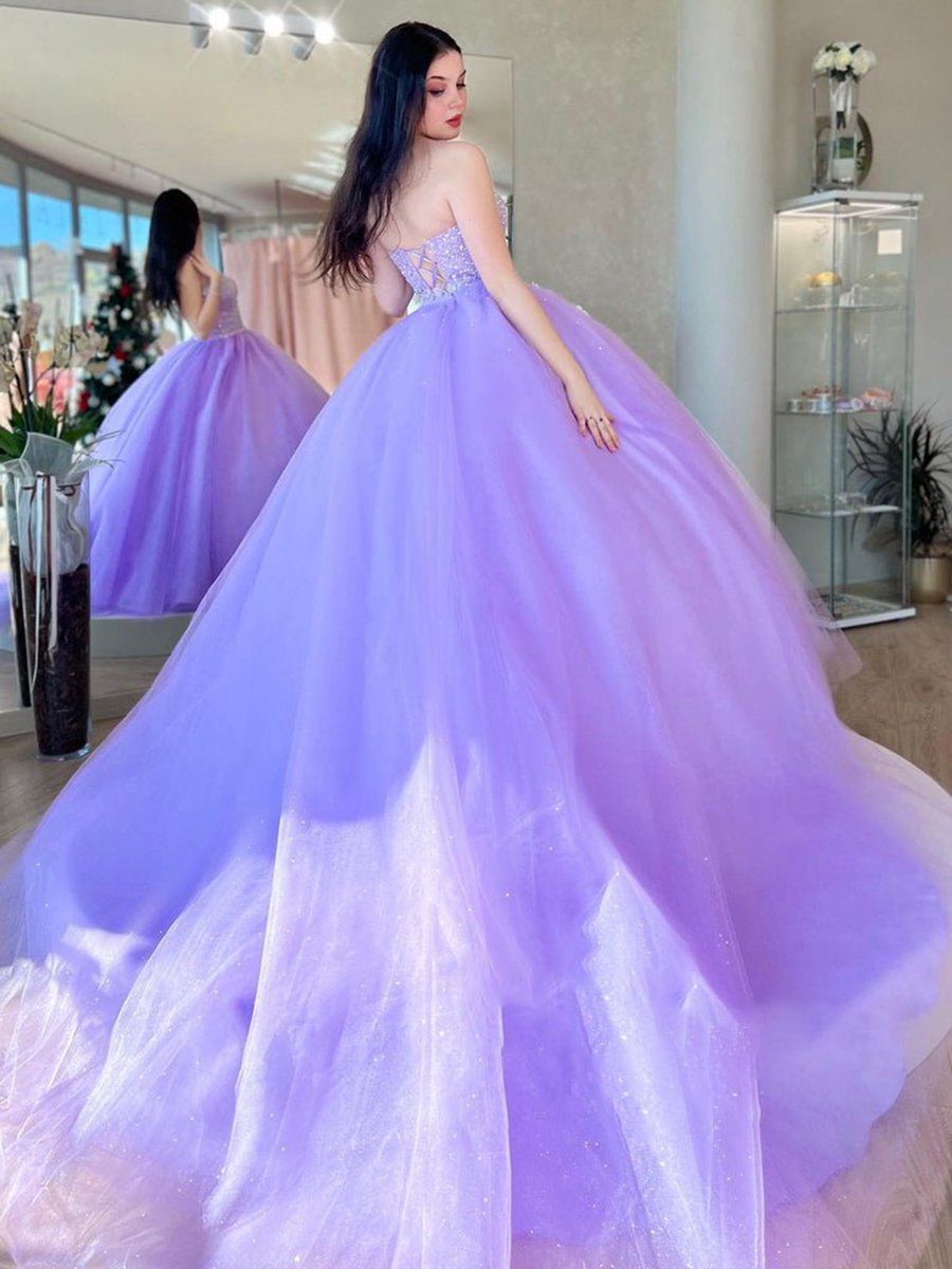 Tulle Ball Gown Beaded Long Prom Quinceanera Dresses