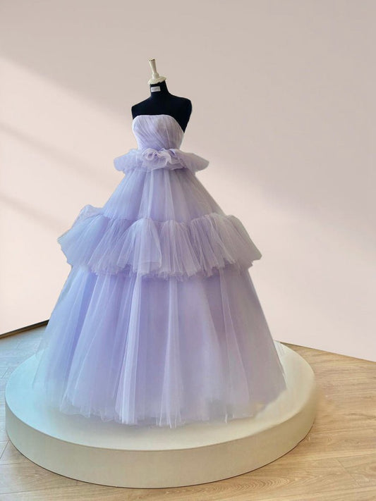Strapless Pleated Tulle Ball Gown Tie A-line Prom Dresses Floor Length Party Dresses