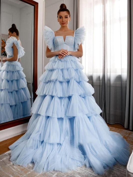 Pleated Tulle Ball Gown Ruffle Tie Long Quinceanera Dresses