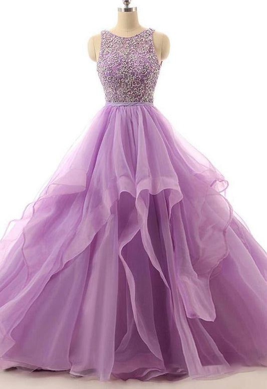 Lace Beaded Long Organza Quinceanera Ball Gowns