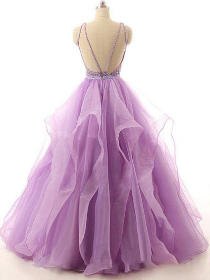 Lace Beaded Long Organza Quinceanera Ball Gowns