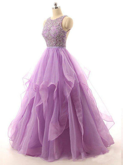 Lace Beaded Long Organza Quinceanera Ball Gowns