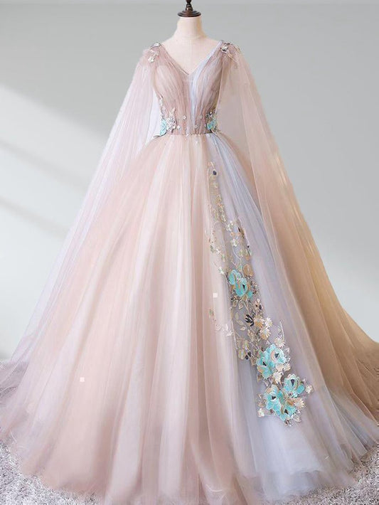 A-line Tulle Khaki Embroidery Appliqued Long Dresses