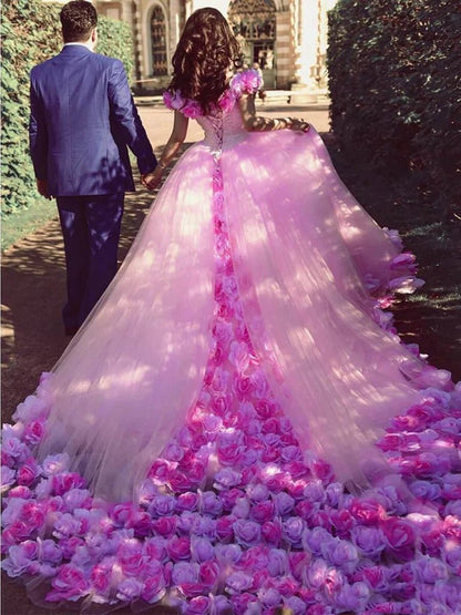 Cathedral Train 3D Flowers Applique Wedding Gown Quinceanera Dresses