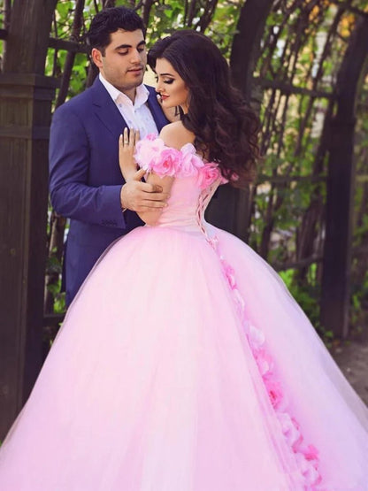 Cathedral Train 3D Flowers Applique Wedding Gown Quinceanera Dresses