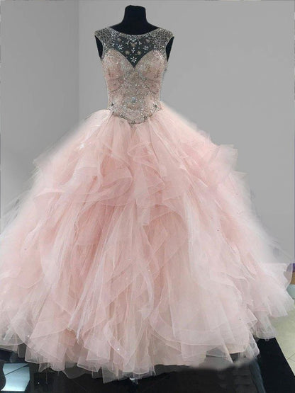 Prom Ball Gown See Through Neck Tulle Quinceanera Dresses