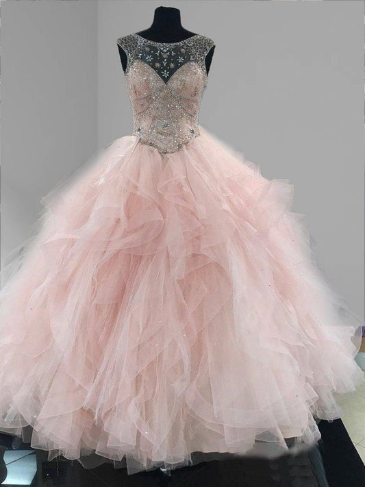 Prom Ball Gown See Through Neck Tulle Quinceanera Dresses