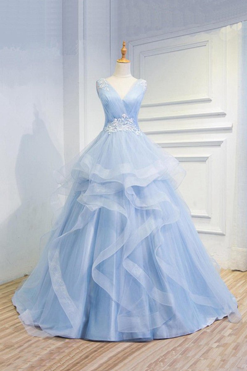 Sweetheart Baby Organza V Neck Ruffles Appliques Prom Dresses