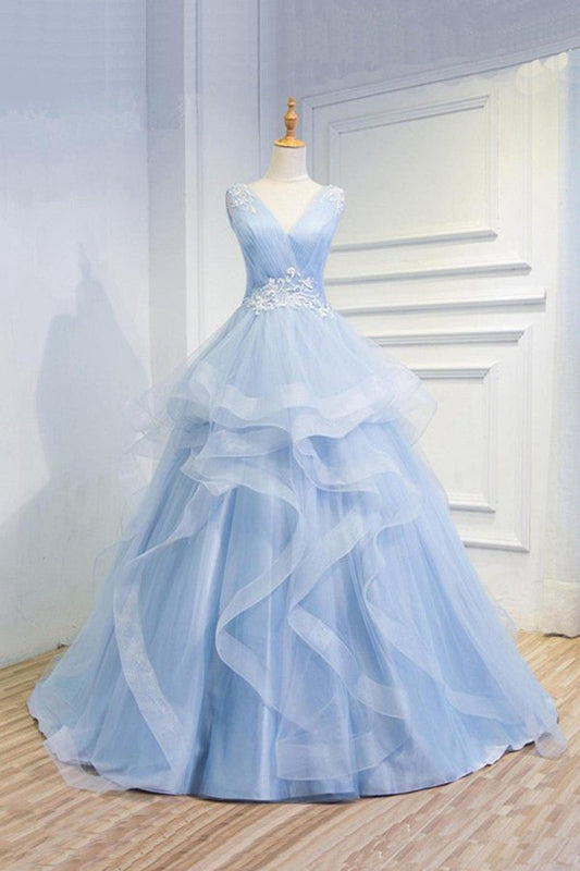 Sweetheart Baby Organza V Neck Ruffles Appliques Prom Dresses