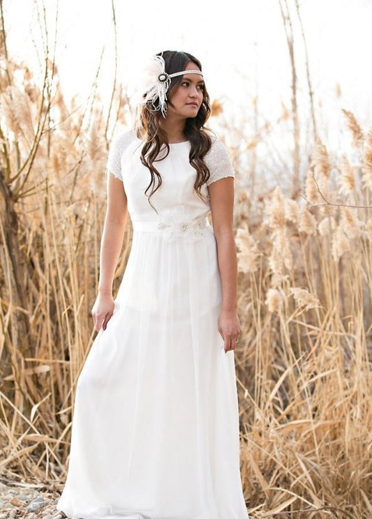 Crystals Short Sleeves Chiffon Boho Simple Wedding Dresses