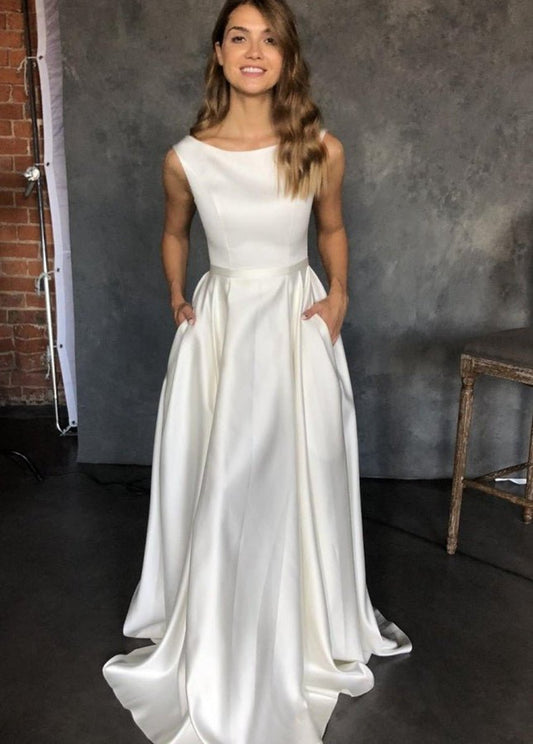 Pure Satin Sleeveless Bridal Dresses with Pockets