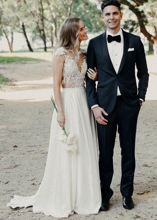 A-line Cap Sleeve Long Backless Wedding Dresses with Appliques