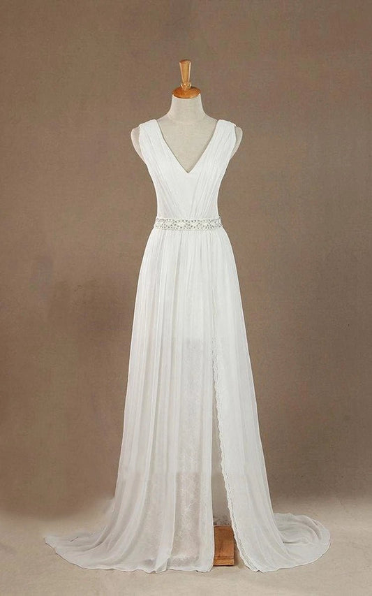 Sleeveless V-Neck Chiffon Beading High Slit Weddig Dresses with Low-V Back