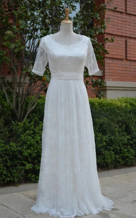 Jewel Tulle Half Illusion Sleeve A-line Lace Appliques Pleated Wedding Dresses