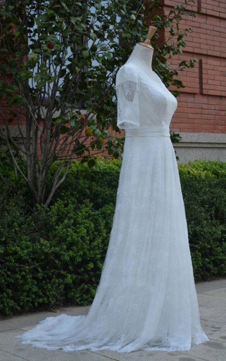 Jewel Tulle Half Illusion Sleeve A-line Lace Appliques Pleated Wedding Dresses