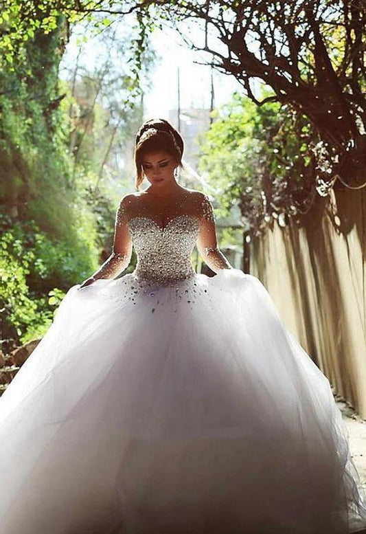 Vintage Long Sleeve Beadings Ball Gown Tulle Lace-Up Wedding Dresses