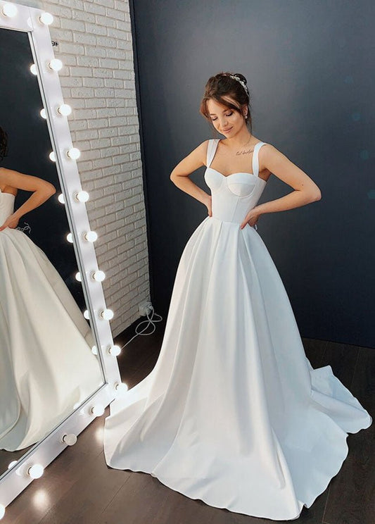 A-line Off-the-Shoulder Sleeveless Satin Simple Bride Wedding Dresses