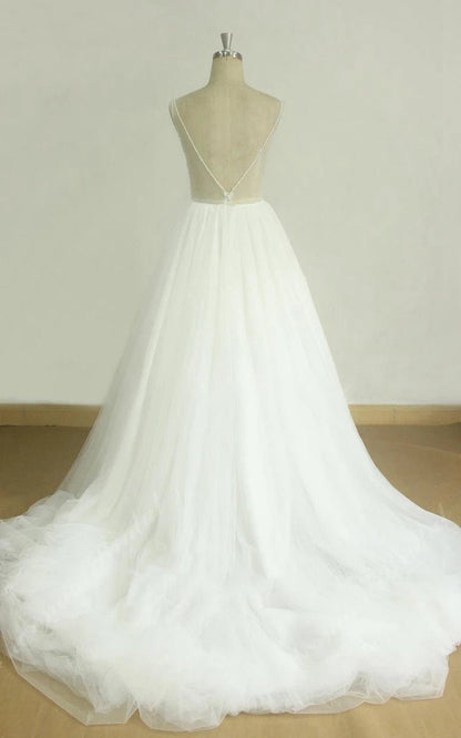 A-line V-Neck Chapel Train Sleeveless Deep V Back Tulle Appliques Weddig Dresses