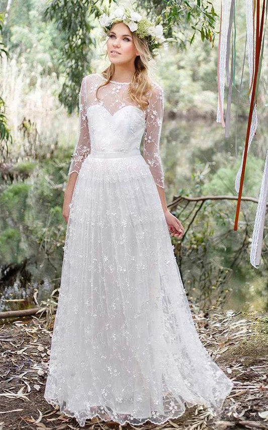 3/4 Length Sleeve A-line Lace Appliques Low-V Back Wedding Dresses