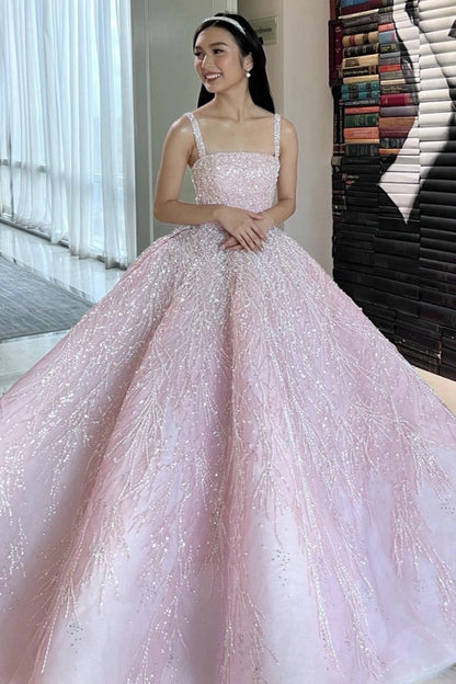 Straps Sequin Beaded Long Ball Gown Quinceanera Dresses
