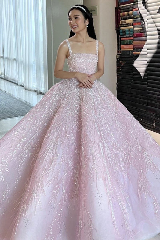 Straps Sequin Beaded Long Ball Gown Quinceanera Dresses