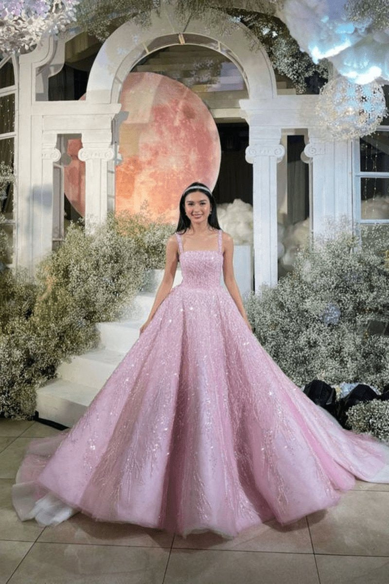 Straps Sequin Beaded Long Ball Gown Quinceanera Dresses