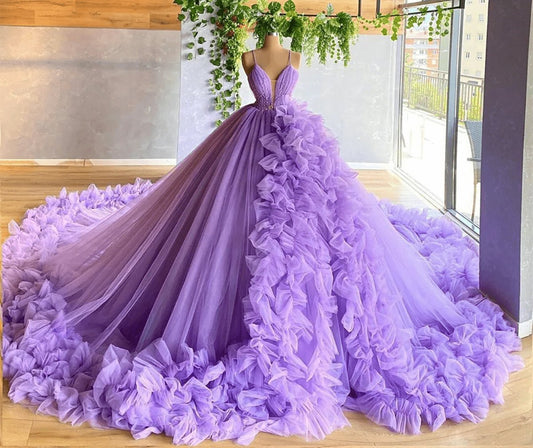 A-line V Neck Tulle Ball Gown Princess Dresses