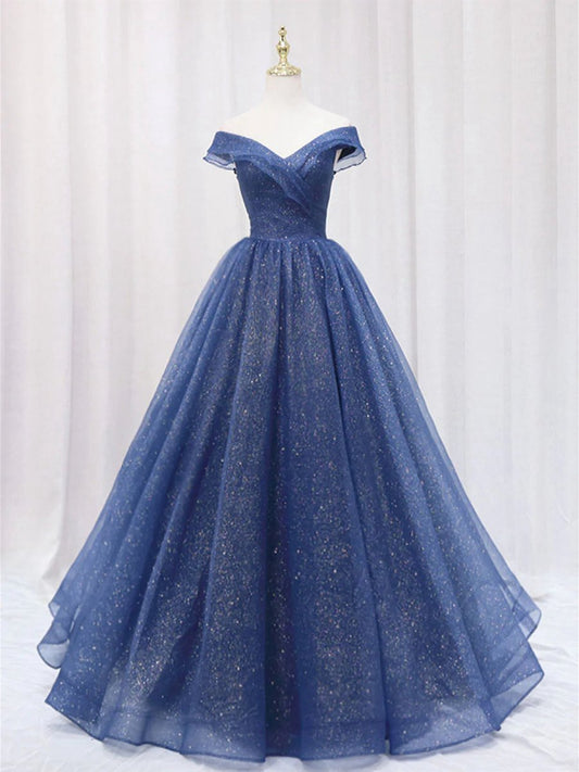 Shiny Off Shoulder Tulle Formal Graduation Evening Dresses