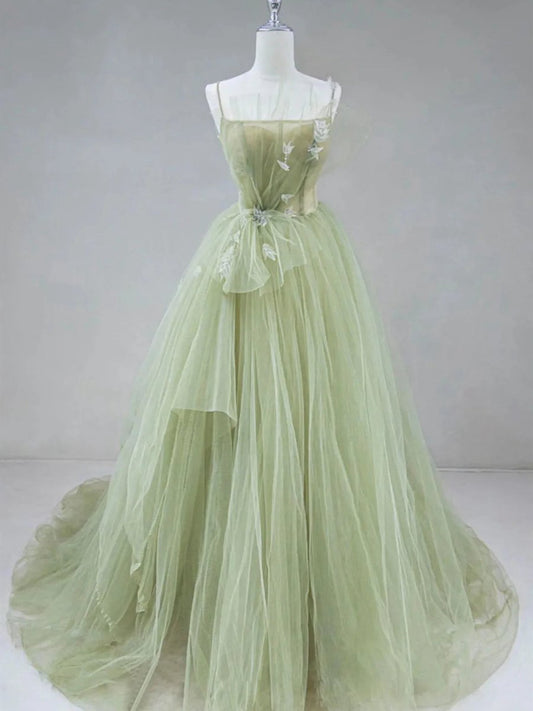 A-line Corset Back Sage Tulle Long Dresses