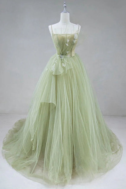 A-line Corset Back Sage Tulle Long Dresses