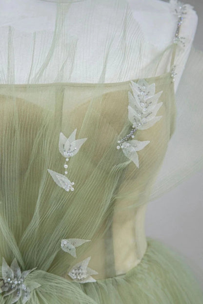 A-line Corset Back Sage Tulle Long Dresses
