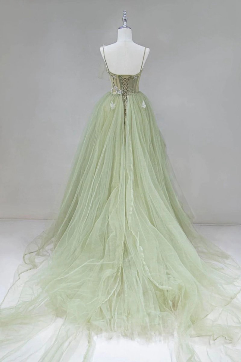 A-line Corset Back Sage Tulle Long Dresses