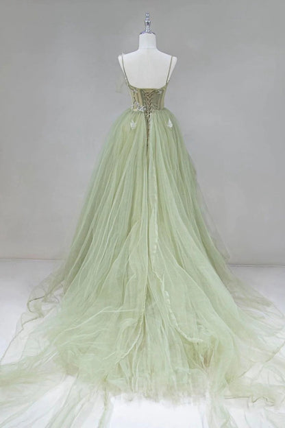 A-line Corset Back Sage Tulle Long Dresses