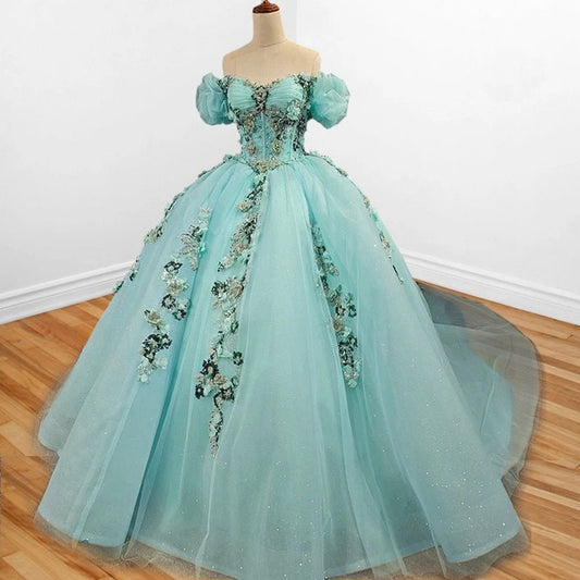 Mint Off Shoulder Court Train Quinceañera Dresses
