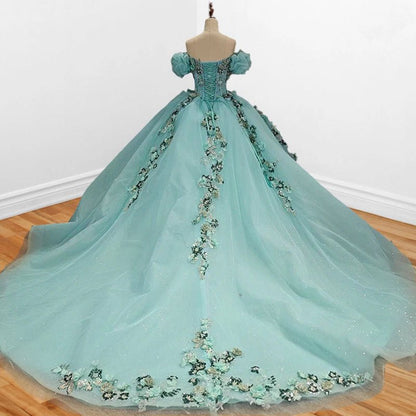 Mint Off Shoulder Court Train Quinceañera Dresses