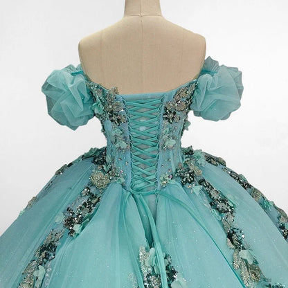Mint Off Shoulder Court Train Quinceañera Dresses