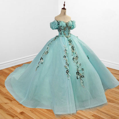 Mint Off Shoulder Court Train Quinceañera Dresses